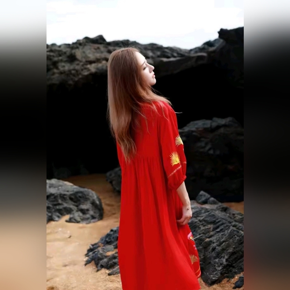 Vibrant Red Maxi Dress with Embroidered Details - Picture 3 of 13